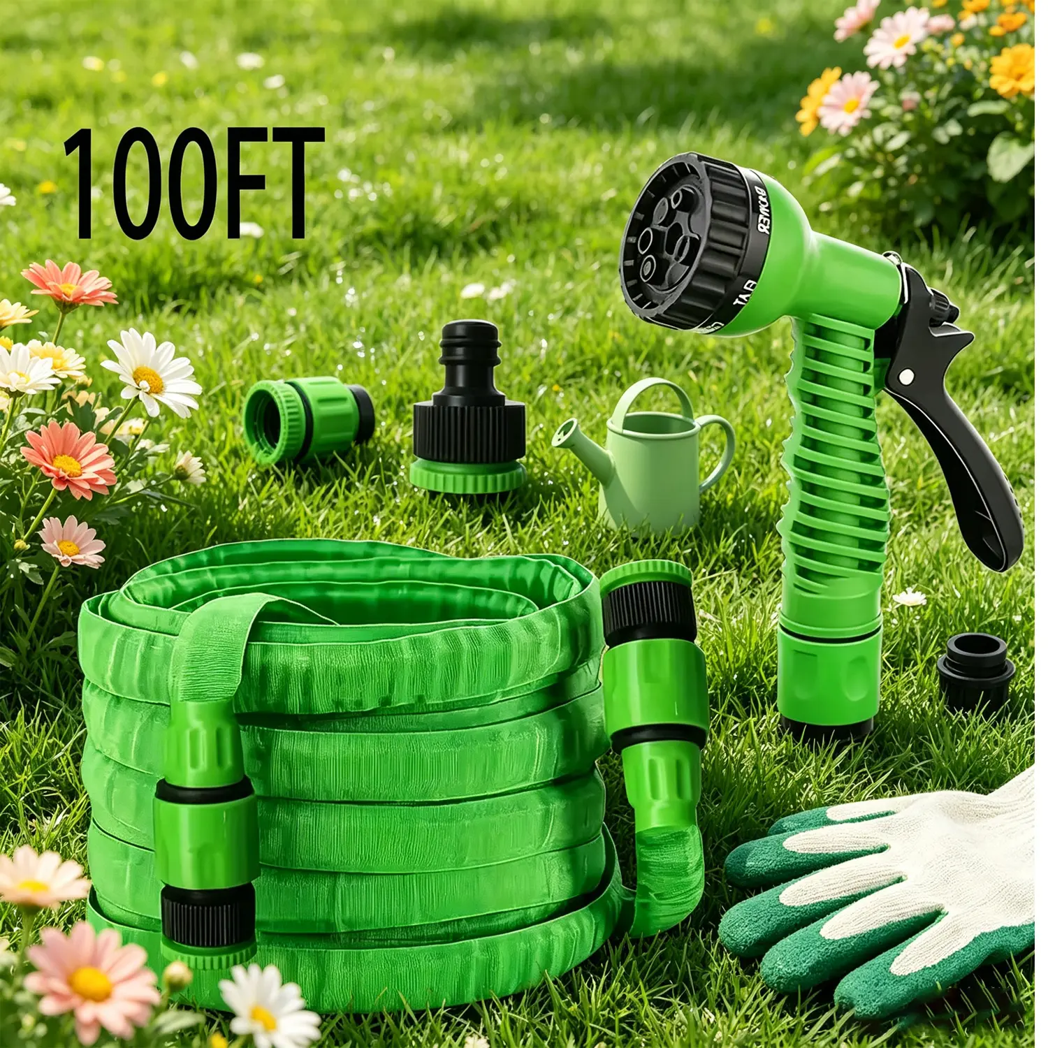 100FT Durable Flexible Garden Hose, Anti-Kink Foldable Leakproof Water Pipe, Multipurpose Outdoor Water Hose for Garden Watering, Car Washing, Pet Bathing, Yard Cleaning and Outdoor Maintenance