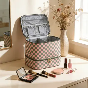 Checkered Dual-Layer Large Capacity Portable Makeup Organizer, Holds 30 Nail Polish Bottles, Ideal for Manicurists, Travel, Gifts