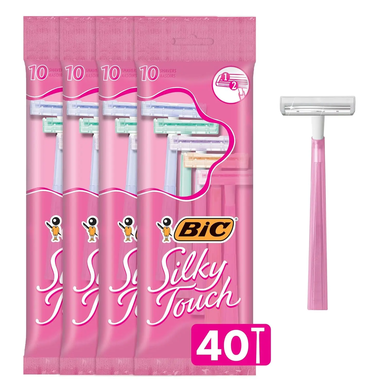 Women's BIC Silky Touch 2-Blade Disposable Razors with Travel Covers - College Dorm & First Apartment Essentials, 40-Pack