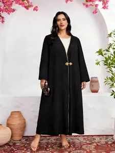Maxi Robe Buckle Edge Long Sleeve Muslim Outerwear, Plus Size Loose Fit Casual Style, Women's Fashion Clothing