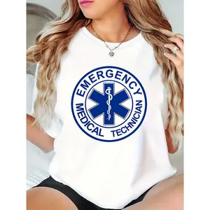 Women's White EMT Emergency Medical Technician T-Shirt with Star of Life & Caduceus Symbol – Ideal for Medical Professionals, Workwear, Casual Daily Wear, EMT Appreciation & Healthcare Holidays 100% Cotton T-shirt