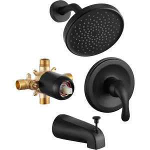 Tub Shower Faucet Set With Valve - 6 Inch Black Shower  and Handle Set, High  Bathtub Faucet With Rain Shower  and Tub Spout Single-, Matte Black