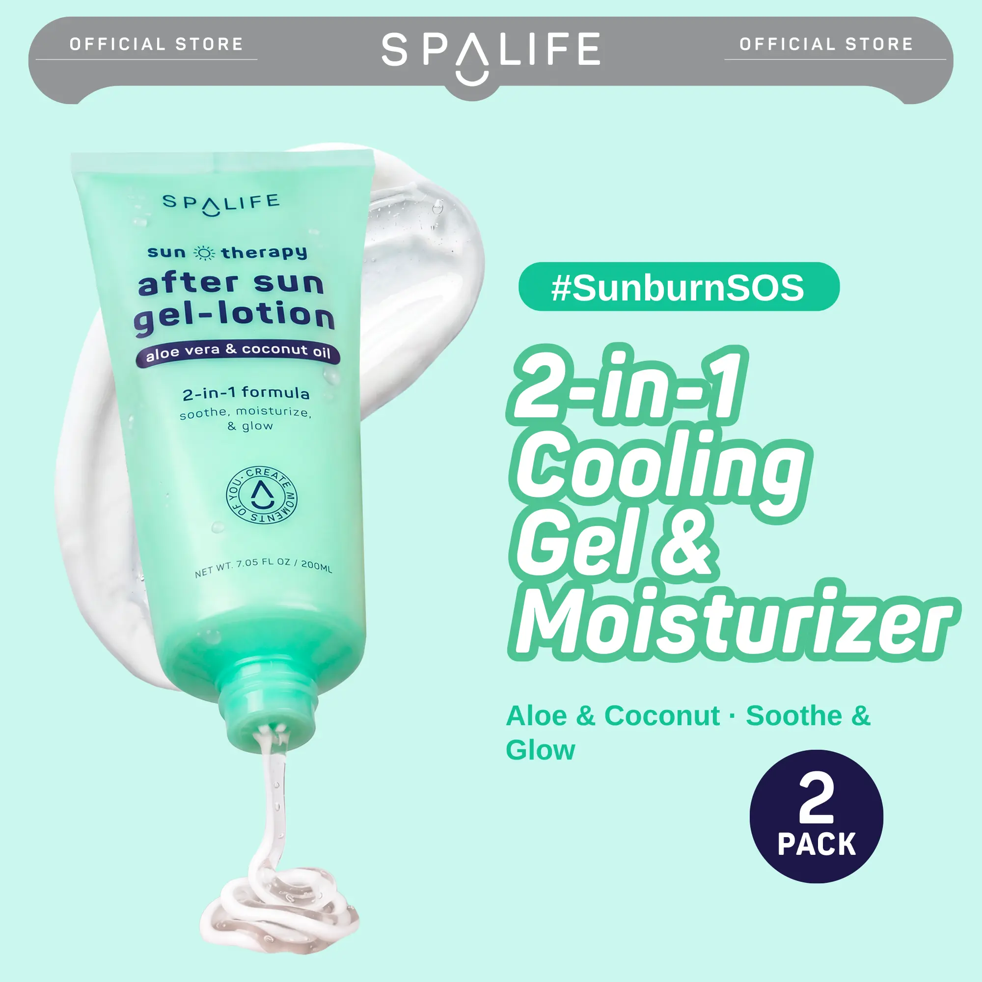 SpaLife After Sun Gel Lotion with Aloe Vera, Coconut Oil & Hyaluronic Acid | 2 in 1 Cooling Sunburn Relief & Hydrating Skincare Body Moisturizer for Dry Sensitive Skin | 7.05 fl oz
