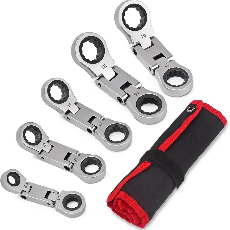 Stubby Wrenches Set, Flex Head Ratcheting Wrench Set,72-Tooth, Quick Release for Sockets, Combination Wrench Set for Tight Spaces-5 Pieces Metric