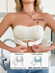 Women's Wireless Strapless Full Coverage Bra, No Cup Padding, Plain Design, Minimalist, Front Buckle Closure, Slip-Resistant, Comfortable, Fit, Casual Ladies Underwear