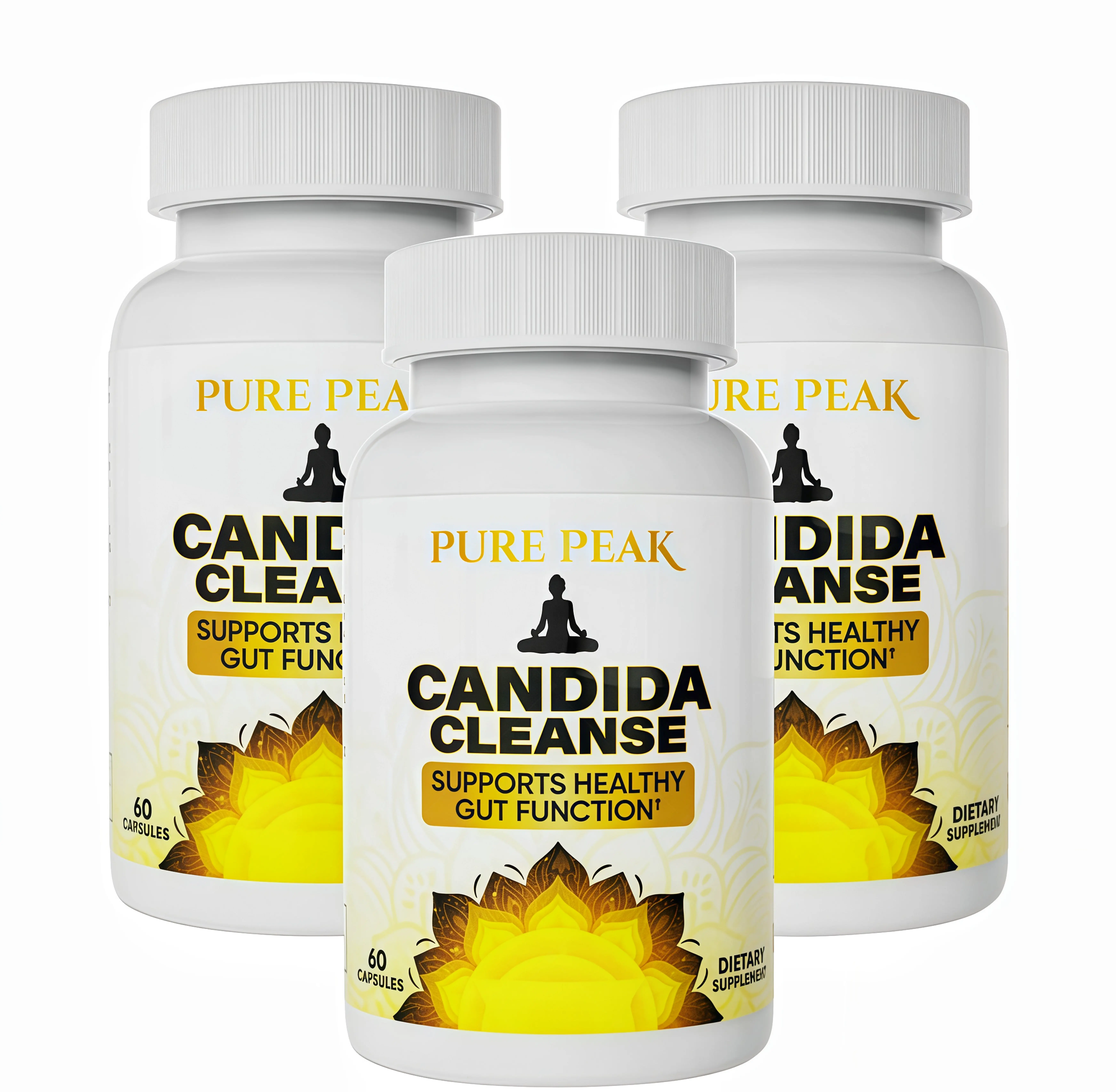 3 Piece  Pure Peak Candida Cleanse Supplement -GF Supports Healthy Gut Function & Intestinal Balance, with Oregano, Caprylic Acid, LactoSpore Probiotics, Wormwood, Black Walnut - 60 Capsules