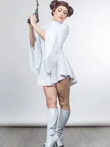 Sugarpuss Space Rebel Galaxy Mini Dress White Turtleneck Cosplay Costume with Flare Sleeves & Side Slits - Womenswear