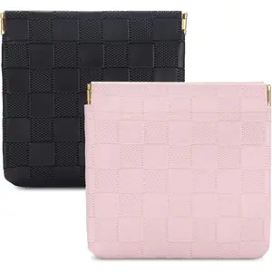 2PCS Small Makeup Bag for Purse, Mini Cosmetic Bag Waterproof Pouch for Women, Checkered Purse Self-closing Coin Lipstick Small Leather Cosmetic Pouch (Black, Pink)