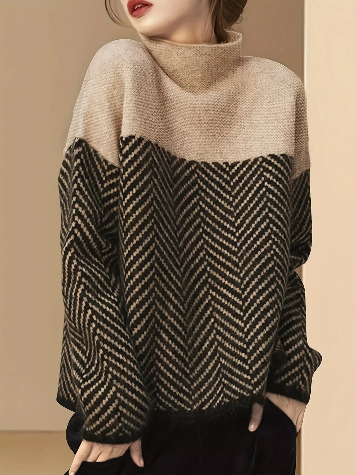 Plus Size Casual Striped Colorblock Knit Long Sleeve Pullover Sweater, Women's Fashion, Comfortable and Stylish, Perfect for Fall & Winter