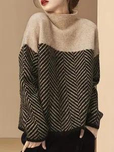 Plus Size Casual Striped Colorblock Knit Long Sleeve Pullover Sweater, Women's Fashion, Comfortable and Stylish, Perfect for Fall & Winter