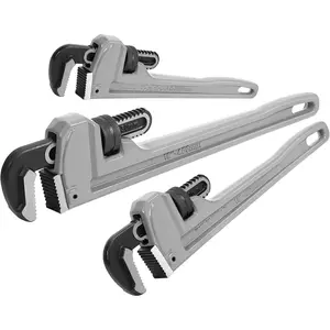 3-piece heavy-duty aluminum straight pipe wrench set, 10inch, 14inch, 18inch, adjustable pipe wrench set, forged, exceeds GGG standards