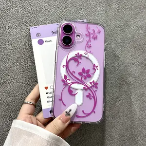 Magnetic Purple Floral Pattern Phone Case Wireless Charging Compatible Fits iPhone 17 16 15 14 13 Pro Plus Pro Max Shockproof Slip Resistant Protective Case Fashion Essential for Women Minimalist Premium Phone Case