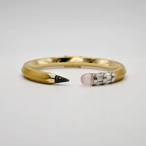 18K Solid Gold Pencil Bracelet Bangle with Moissanite and Pink Nephrite