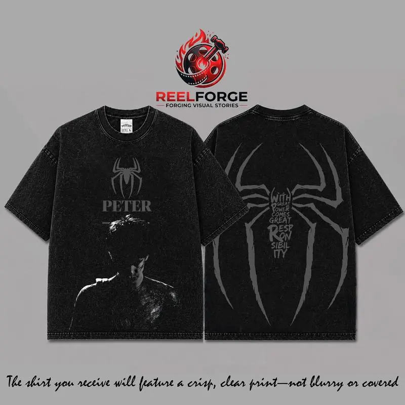 Spidey Inspired Oversized Black Washed Graphic T-Shirt Ver 9, Vintage Movie Actor Fan Tee, The Peter Shirt, Y2K Comic Style Streetwear Top, Black Cotton Unisex Tee, Retro Superhero Inspired Shirt, Gift for Movie Fans