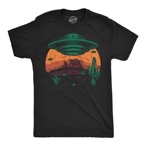 Mens Funny T Shirts Desert UFOs Sarcastic Alien Graphic Novelty Tee For Men Mens Funny T Shirts Cool Vintage Fashion T-Shirt Gift Classic Menswear Funny Space Short Sleeve Novelty Tees for Guys Black -