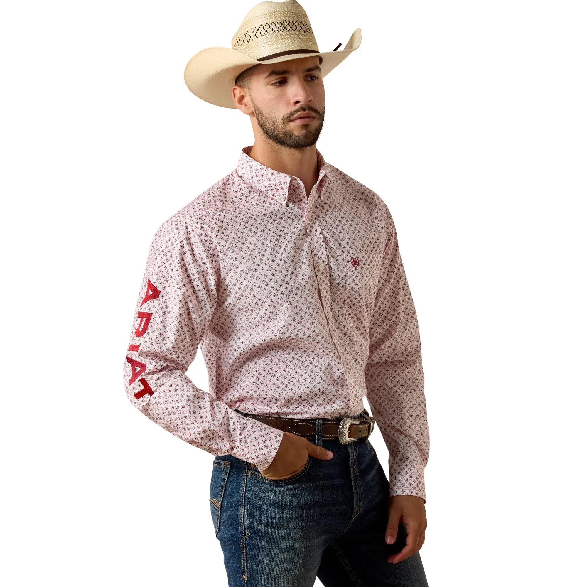 Ariat Men's Team Donovan White Multi Feather Print Fitted Shirt 10073631