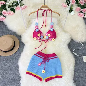 Sweet Pastoral Style Knitted Halter Neck Lace-Up Crochet Small Flower Yarn Hollow Sexy Bikini Two-Piece Set Swimsuit Women