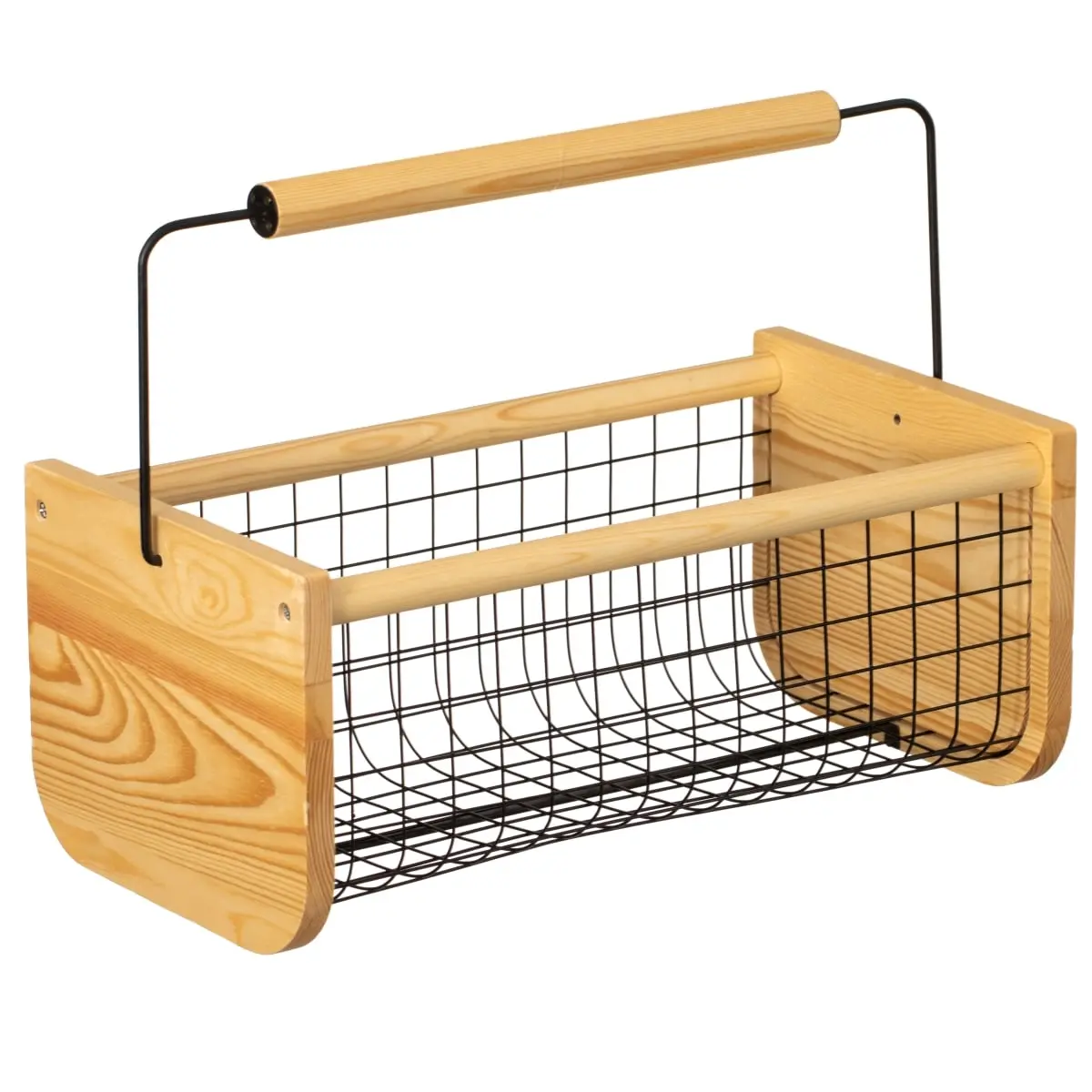 Gardenised QI004918 Vintage Harvest Basket - Pine Wood Frame, Metal Mesh Wire Design, Straight Handle, Lightweight Natural Decor Gift for Fruits, Vegetables, Kitchen Organization, Floral Arrangements