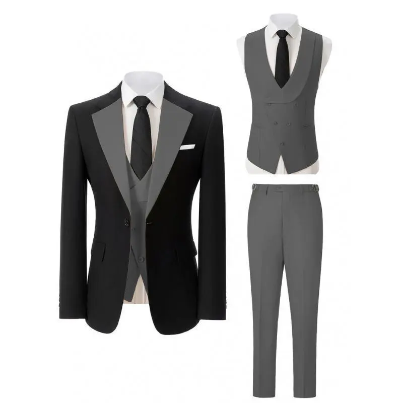 Vintage Men's 3-Piece Tailored Formal Wear Suit Set - Long Sleeve Blazer, Vest, Pants, Menswear Tuxedo Alternative (Grey, Beige, Black, Champagne, Hunt Green, XS-XXXL) Wedding Groom Suit