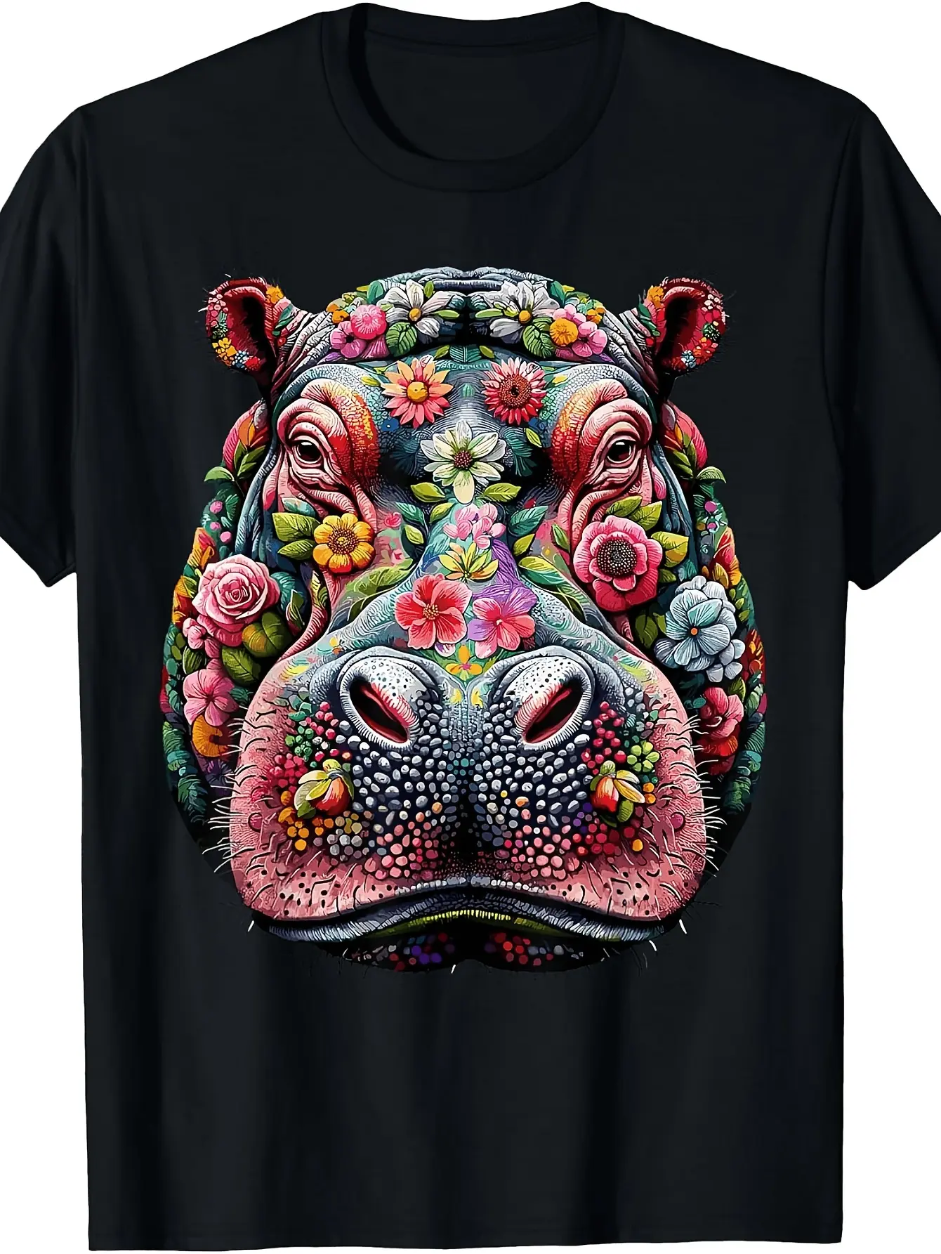 Floral Aesthetic Hippopotamus Lover Stuff Hippo T- unisex soft cotton short sleeve t shirt, vintage graphic casual tee for men women teens, perfect birthday holiday gift for camping travel gym daily street  wear