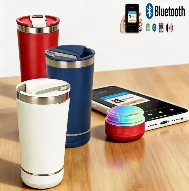 16-oz Stainless Steel Thermos Tumbler - Portable Water Bottle Flask with Built-in Bluetooth Speaker, Rechargeable LED Light, Subwoofer, Cell-Compatible Tech-Savvy Gadget Gift for Adults & Tech Enthusiasts (Portable Gadgets), Cells