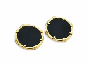 Black Medallion Earrings - Black Circular Design with Gold Accents, Elegant and Classic Style