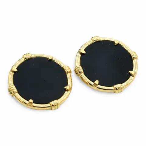 Black Medallion Earrings - Black Circular Design with Gold Accents, Elegant and Classic Style