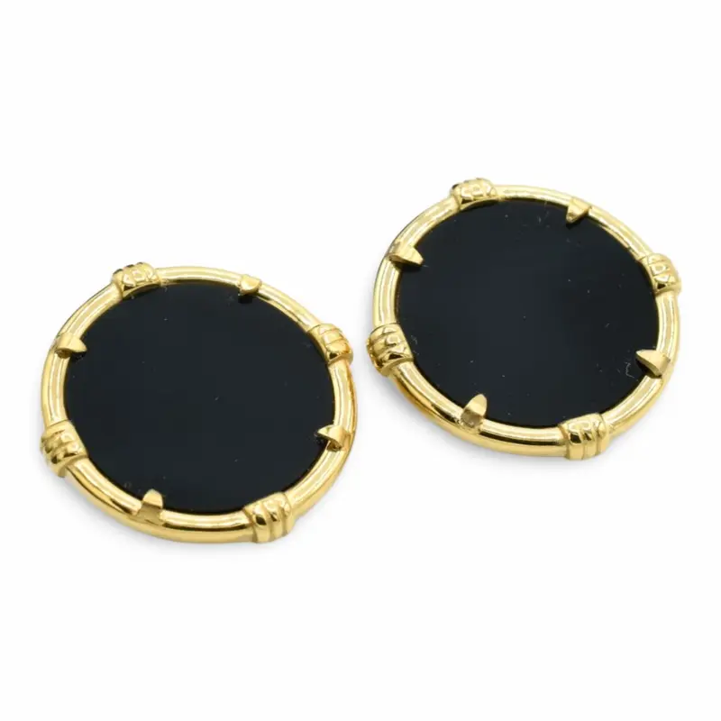 Black Medallion Earrings - Black Circular Design with Gold Accents, Elegant and Classic Style