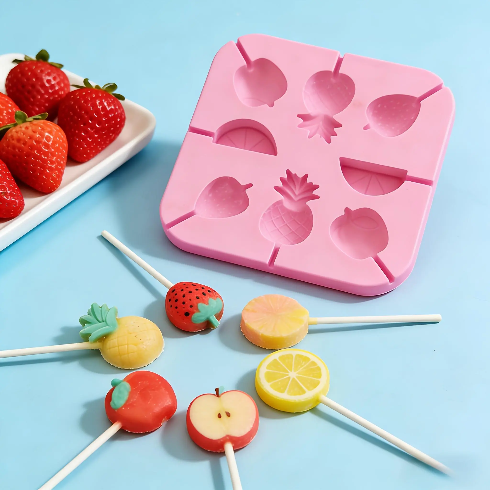 SHAON 1pc 8-Compartment Fruit Lollipop Silicone Mold, Stickless Cartoon Baking Mold, Candy, Cake, Wax Mold, Chocolate Making, Bakeware