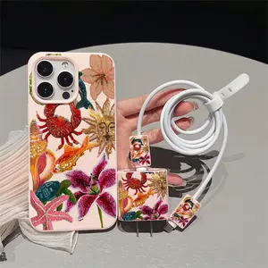5 Piece Set Beaded Heart Floral Phone Case, Charger Head Cover, Cable Protector, Storage Rope, Anti-Drop Tpu Shell for iPhone