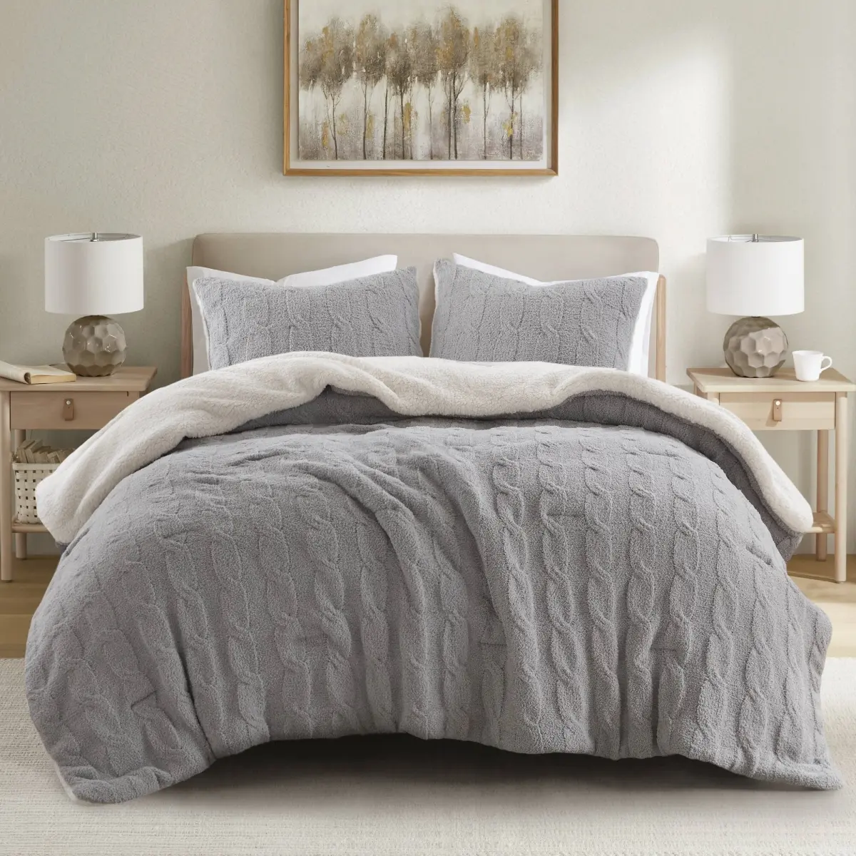 360 Stand Cable Knit Chenille Comforter Set, Gray - King/California King Size, Waffle Knit, Polyester Fill, Sherpa Side