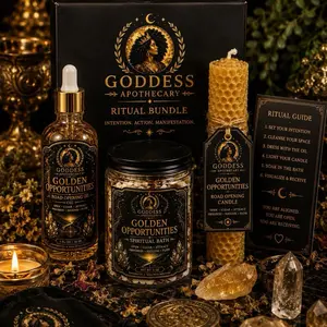 Goddess Apothecary Golden Opportunities Complete Collection - Calming Beeswax Candle, Decorative Road Opening Oil & Spiritual Bath Gift Set magic candles Fing cozy fragrance