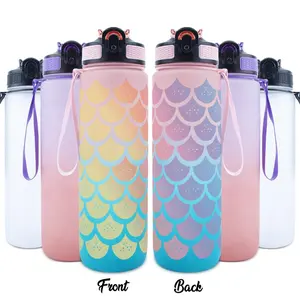 32oz Water Bottle, 1 Count Mermaid Scale Pattern Sports Water Bottle with Time Marker, Drinking Bottle for Outdoor Travel