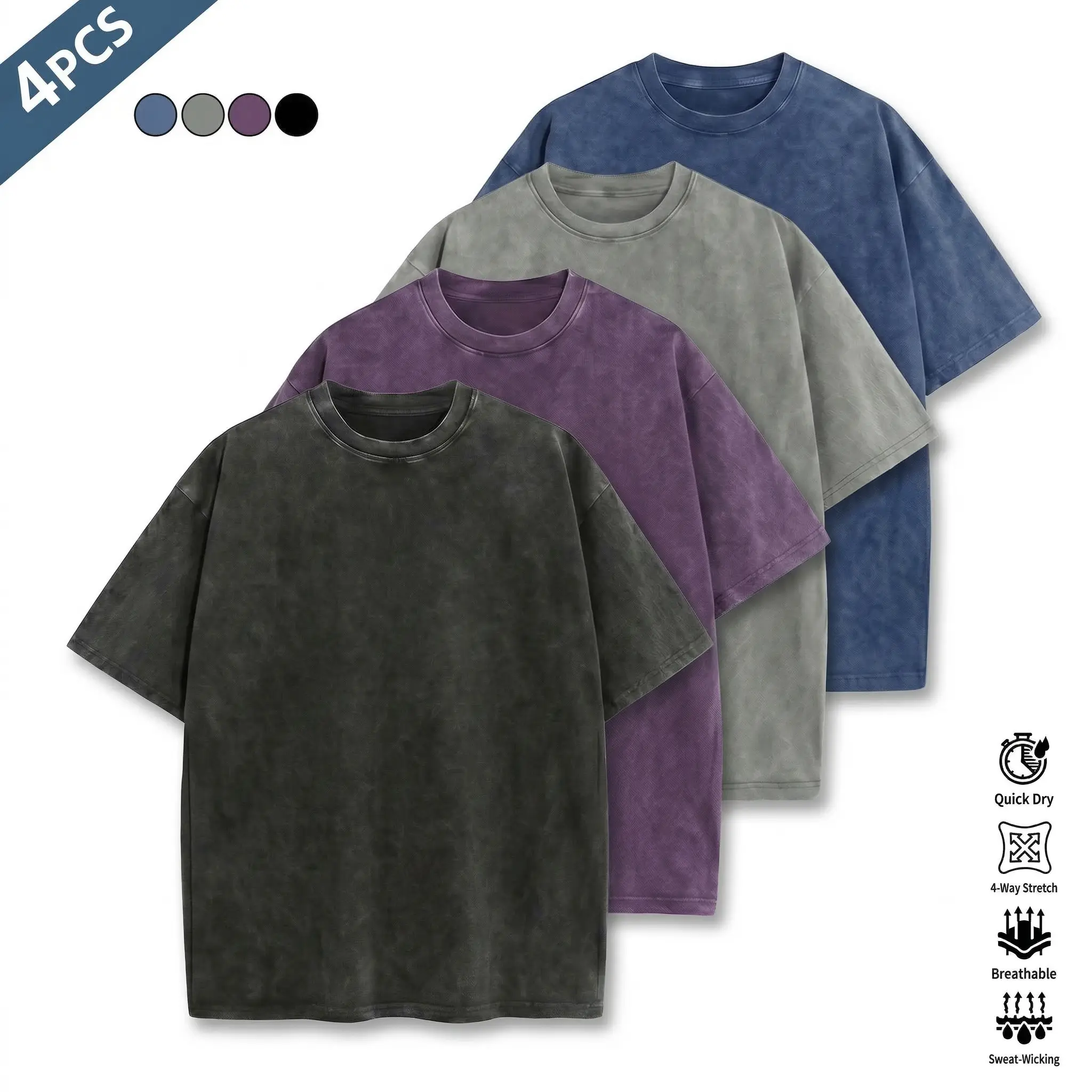 Unisex 4-Pack Oversized Mineral Stone Washed Plain T-Shirts, Retro Distressed Streetwear Short Sleeve Tees, Black Gray Purple Blue, Premium Breathable Sweat-Wicking Everyday Basics