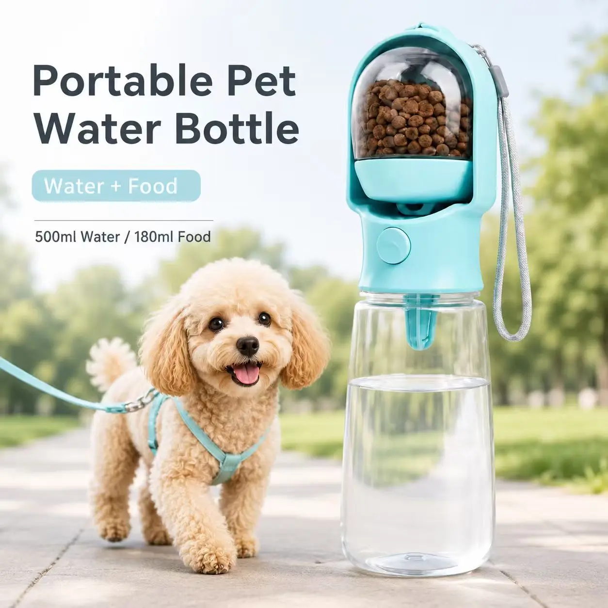 summerwins Portable Dog Water Bottle with 500ml+180ml Food Storage, Leakproof Seal Push-Type Lid, Transparent Body, Hanging Lanyard, Lightweight & Compact 194g 8×8×27.5cm Travel Pet Bowl Dispenser, Yorkie Essentials for Walking Hiking