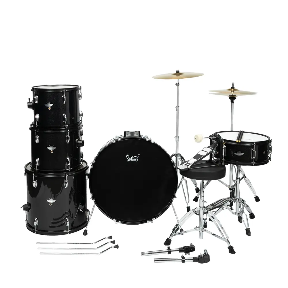 Vintage Black 5-Piece Full-Size Drums Kit for Beginner Adults - 22 in x 16 in Bass Drums, 14 in x 5.5 in Snare, Toms, Floor Tom, Ride Cymbal, Hi-Hat, Stool, Pedal, Sticks - Ideal for Heavy Metal, Yes