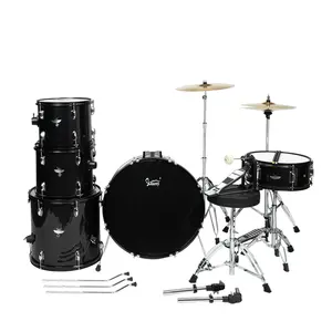 Glarry Full Size Adult Drum Set 5-Piece Black Kit with Bass Drum, Tom Drums, Snare, Floor Tom, Ride Cymbal, Hi-Hat, Stool, Pedal, Sticks Vintage Beginner Kit Heavy Metal