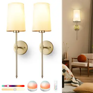 [#Summervibes] Battery Operated Wall Sconce Light with Remote Control, Rechargeable  15 Color Dimmable Led Light Set of 2 White Fabric Shade, Indoor Wireless Lamp For Bedroom Living Room