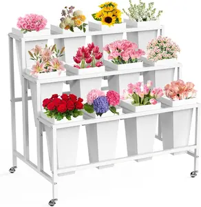 Flower Display Stand with 12 Buckets, Flower Cart 3 Layers White Metal Flower Bar Stand with Wheels, Moving Florist Bouquet Shelf for Weddings Florist Indoor Outdoor Patio Garden Living Room