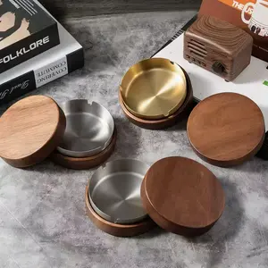 Round Wooden Ashtray with Stainless Steel Inner Barrel, Detachable Wood Lid, Easy to Clean, Office Home Decor, Perfect Gift for Men and Business