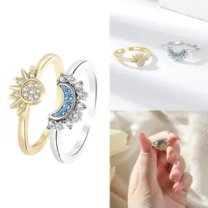 Sun and Moon Ring Set, Sparkling Sun Ring/Blue Moon Ring with 14k Gold/Silver Plating, Friendship Promise Ring, Stackable Celestial Rings, Gift for Women