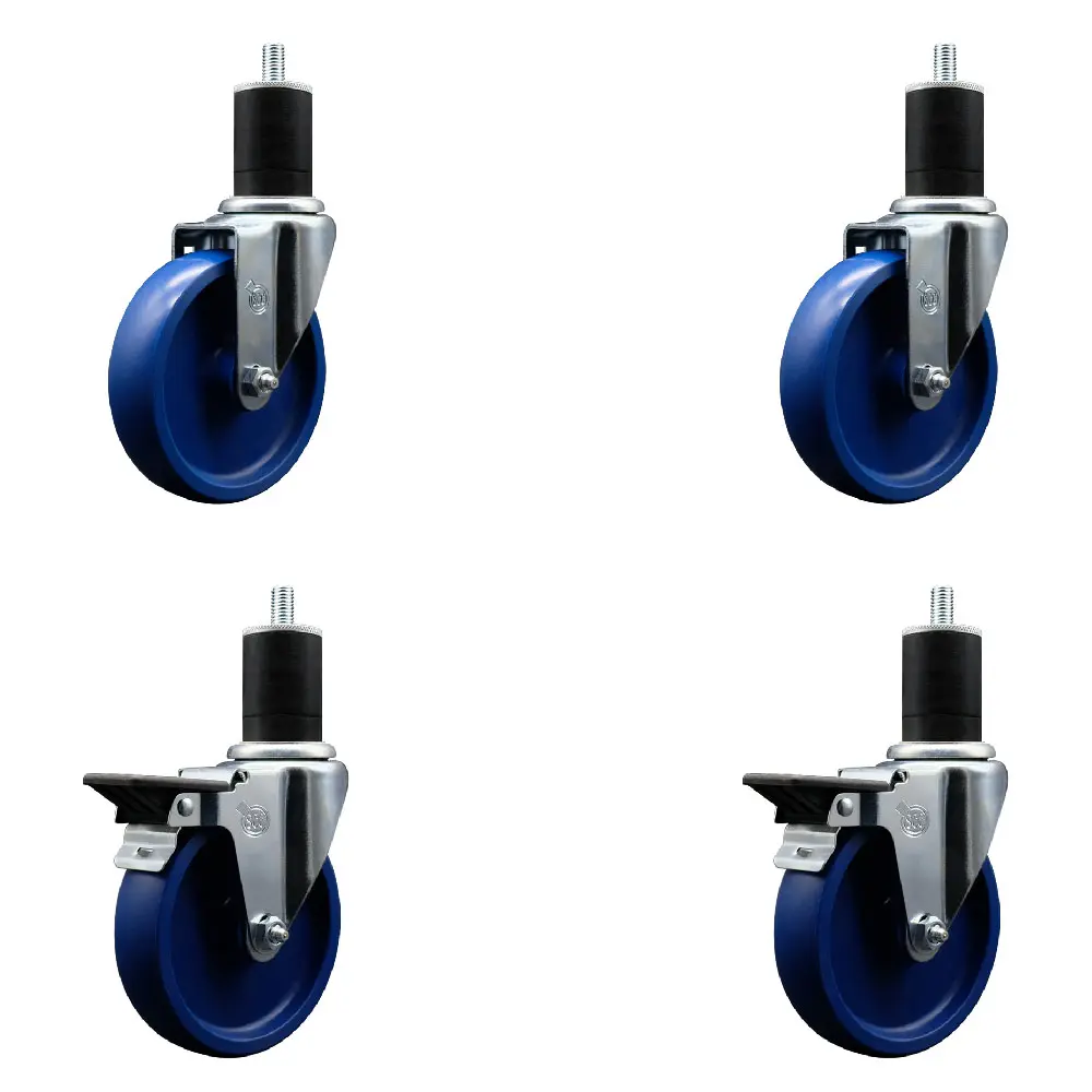 Service Caster SCC-EX20S514-SPUS-2-PLB-2-134 Heavy Duty Lockable Swivel Expanding Stem Caster Set of 4, 5 in. Blue Furniture Moving Wheels, 1.75 in. Bright Zinc Plated Stems, 1200 lbs Capacity, 2 with Posi Locking Brakes, for Shop Projects & Work Tables,,
