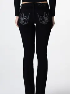Women's Black Miss Me Bootcut Low Rise Jeans, Fleur de lis Leather Design Back Pockets, Y2K Denim Jeans For Women Loose And Comfortable To Wear