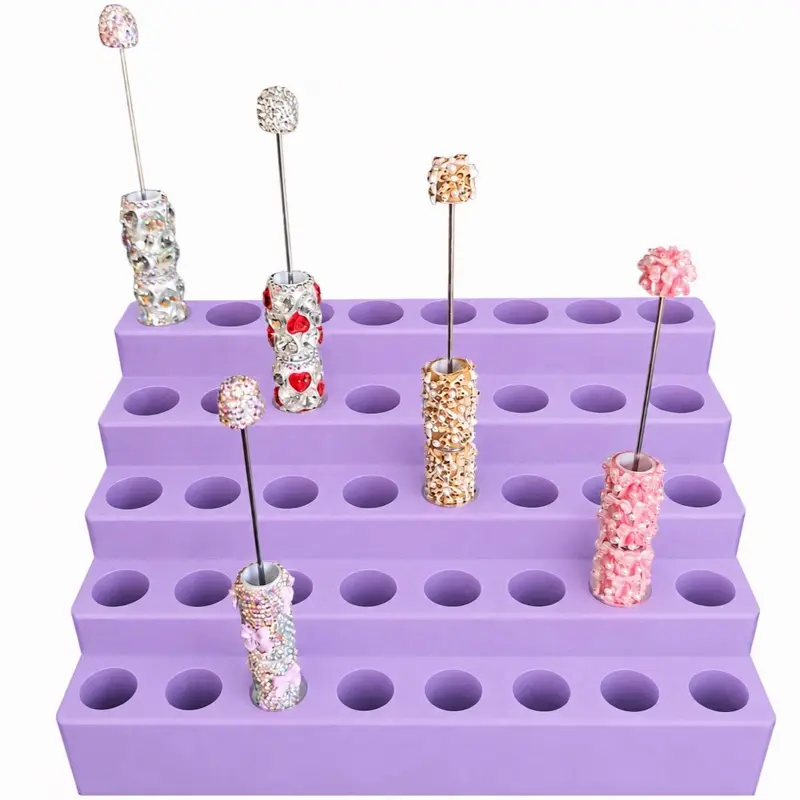 Mixed Hole Size Rectangle Beadable Pen Display Stand, 18mm/20mm/22mm Openings, 40-Hole No-Wobble Pen Holder