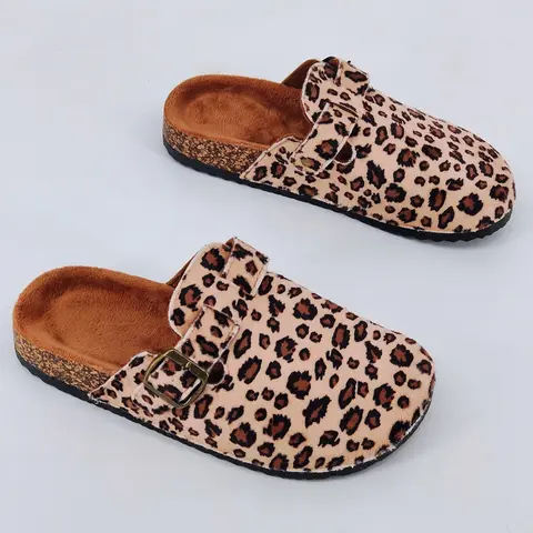 Women's Leopard Print Slip-On Sandals, Leopard Pattern Slides, Casual Fashion Anti-Slip Flat Shoes, Fall Winter Spring Summer Wearable Sneakers, Non Slip Slippers
