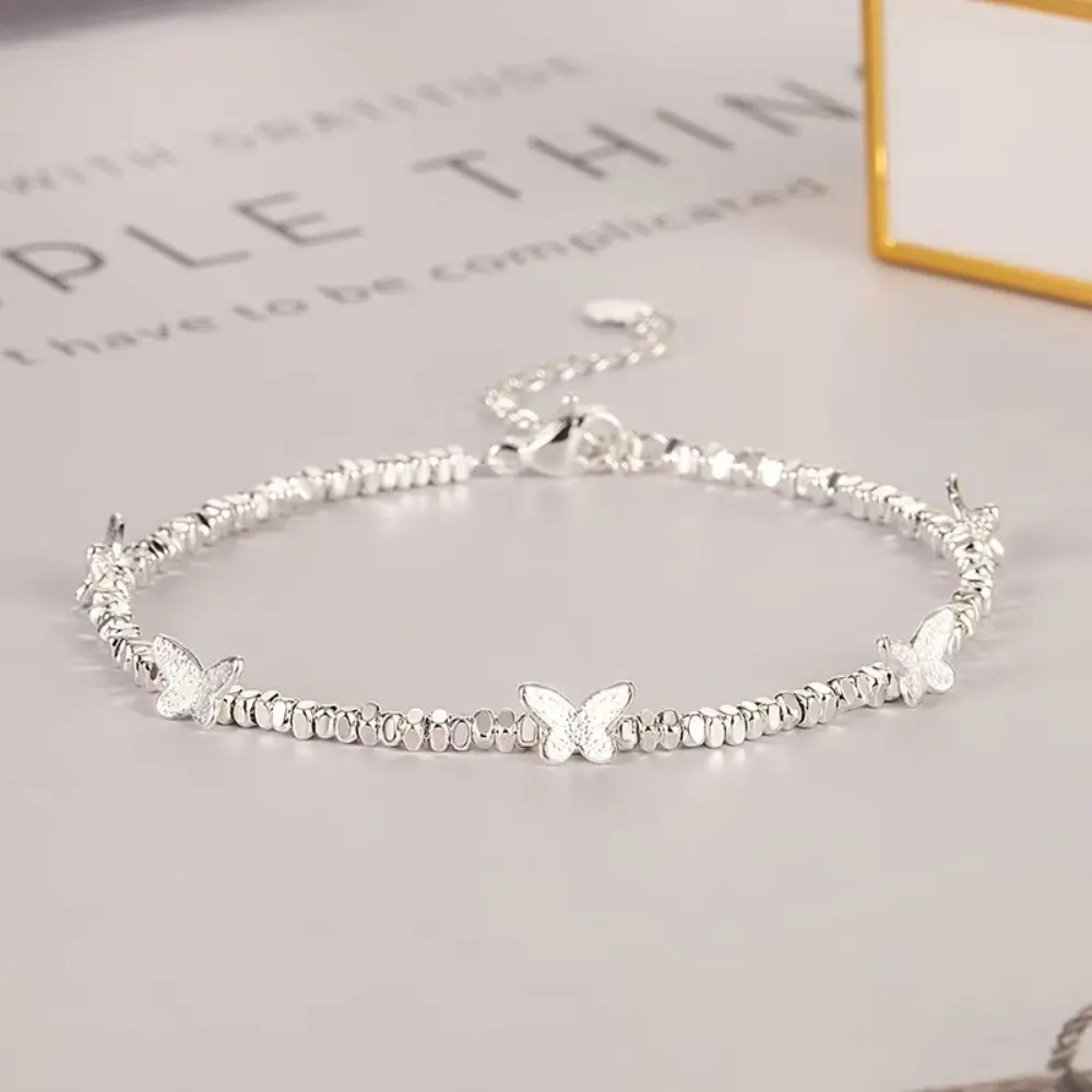 Women's 925 Sterling Silver Beaded Butterfly Adjustable Bangle - Dainty Bead String Design, Crushed Silver Accent, Hypoallergenic Elegant Jewelry Bracelet, Factory Direct Gift for Females, Dropshipping Eligible