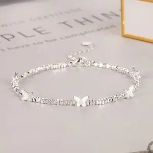 925 Sterling Silver Butterfly Bracelet for Women Girls, Dainty Crushed Silver Bead Adjustable Hypoallergenic Jewelry Gift