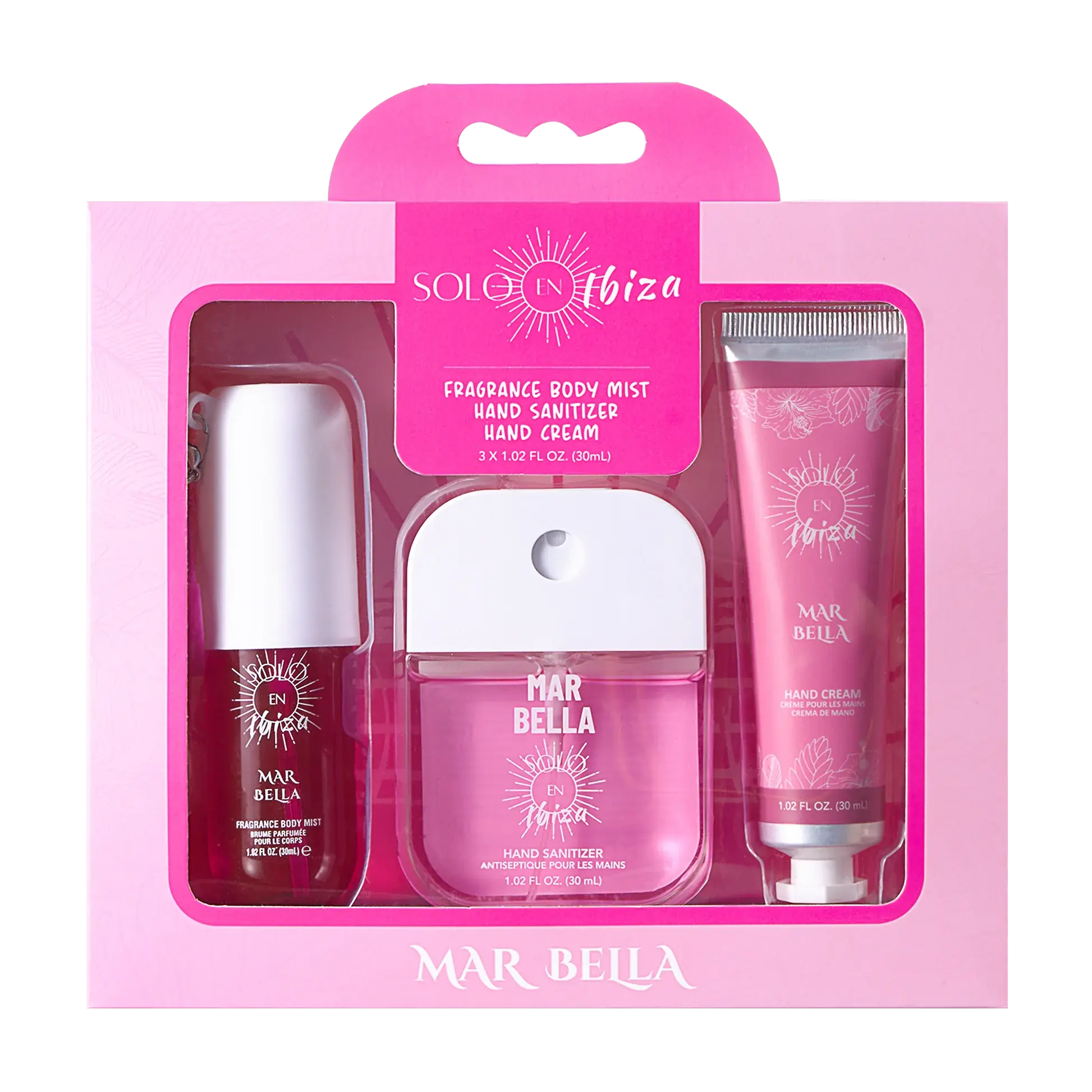 SOLO EN IBIZA Marbella Scented Body Care Set, 3-Piece Cosmetic Gift Kit with Long-Lasting Mist, Shea Butter Cream & Sanitizer - Fruity Pitaya & Lychee Aroma, 30mL, Vanilla, Floral, Three Items