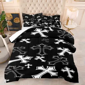 Gothic Cross Pattern Comforter Set, Soft And Durable Bedding Set, Including 1 Comforter And 1 Or 2 Pillowcases, Suitable For Daily Holiday Birthday Gifts And Bedroom Decorations For Children And Adults