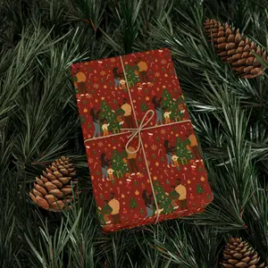 Family Decorating Tree Red Christmas Wrapping Paper